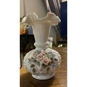 Lefton White Hobnail 3D Ruffle Pink Roses Blue Flowers Green Leaves 833 Vase